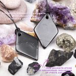 close-up of black pendants with raw stones