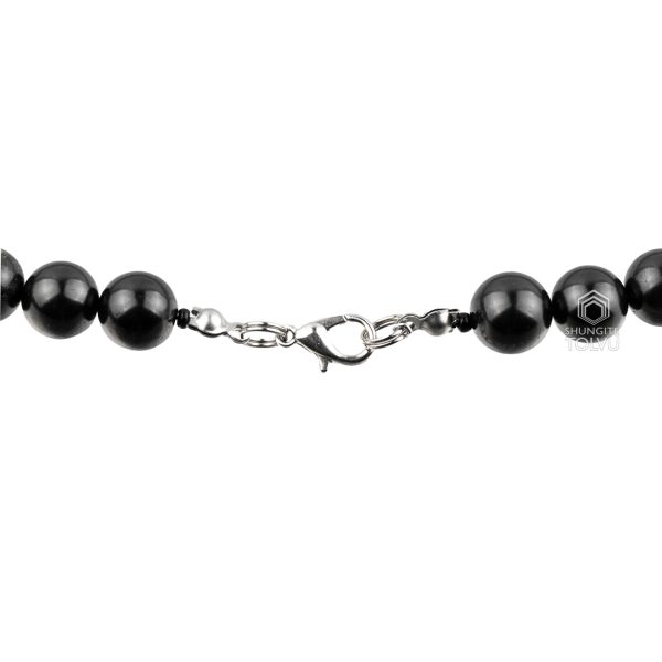 Rear view of shungite black beaded necklace showing clasp
