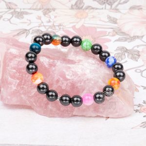 Side angle view of chakra bracelet showing bead texture