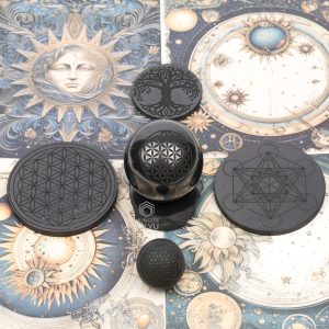 Meditation crystals set – engraved shungite spheres and discs
