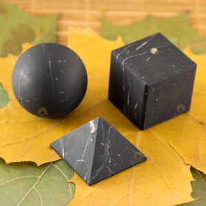 EMF protection shungite set – sphere, cube, and pyramid